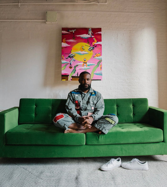 Ike Slimster with art on Invention Sofa in Lime Green Velvet