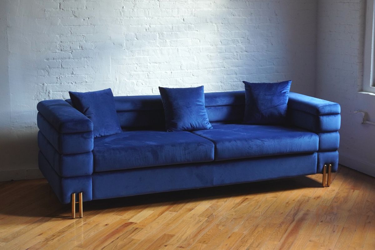 Song powder blue velvet couch with gold legs angled view, light blue velvet couch, tufted couch, modern couch, chesterfield couch, mid-century modern couch