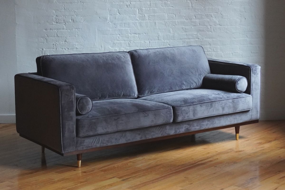 Grey velvet mid-century modern couch