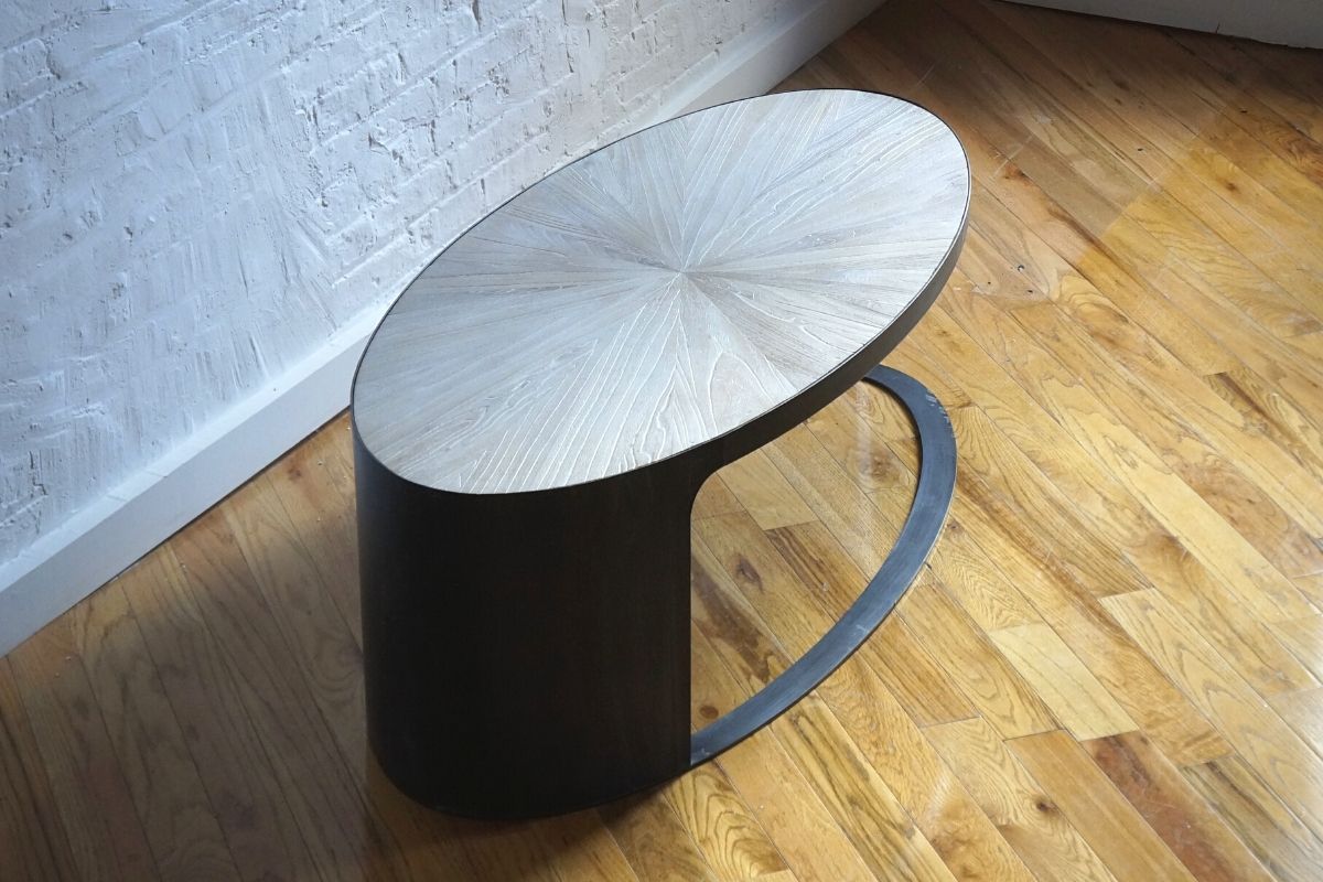 modern coffee table with wood top and metal base