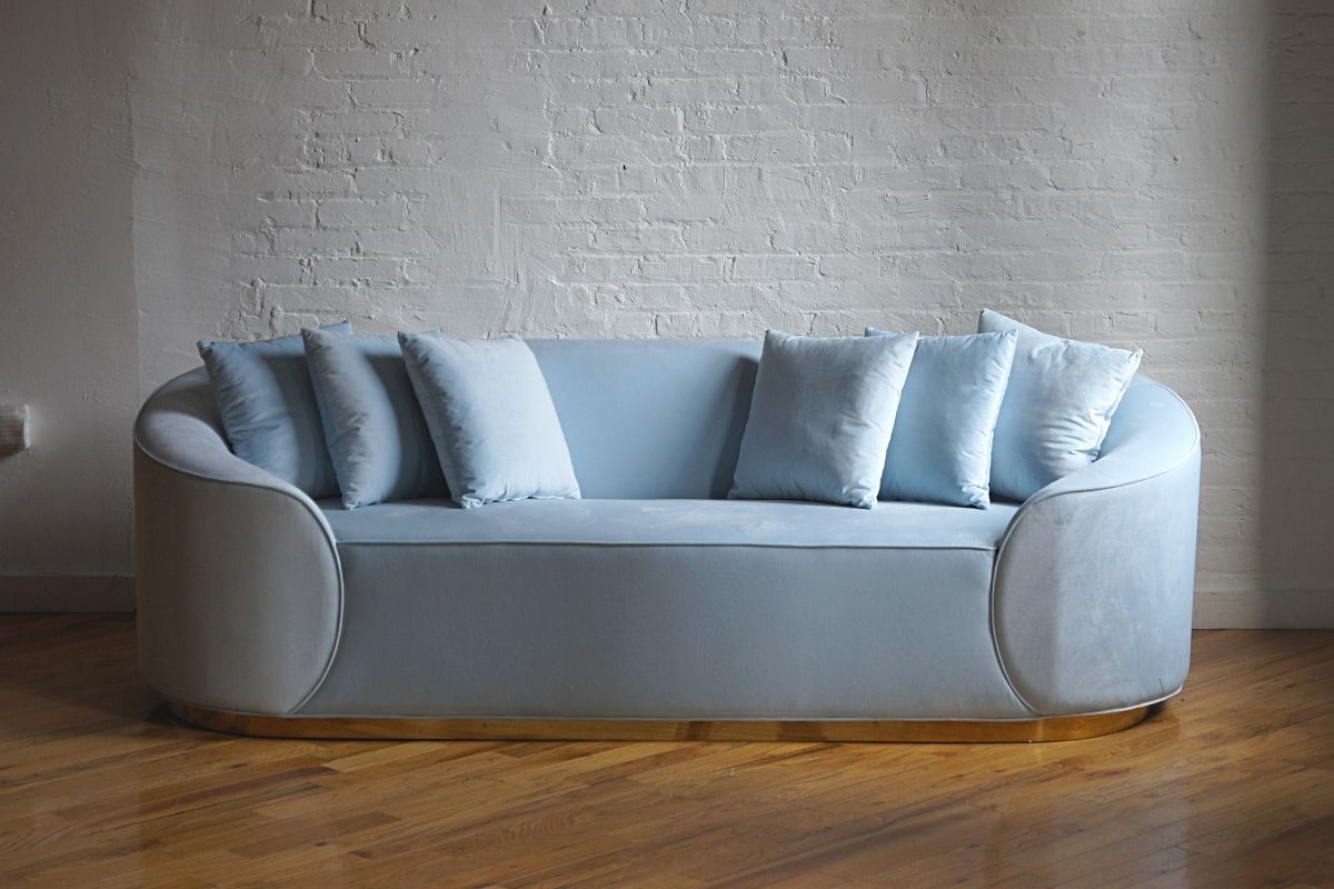 Invention gray couch, gray velvet couch, biscuit tufted couch, modern couch, mid-century modern couch