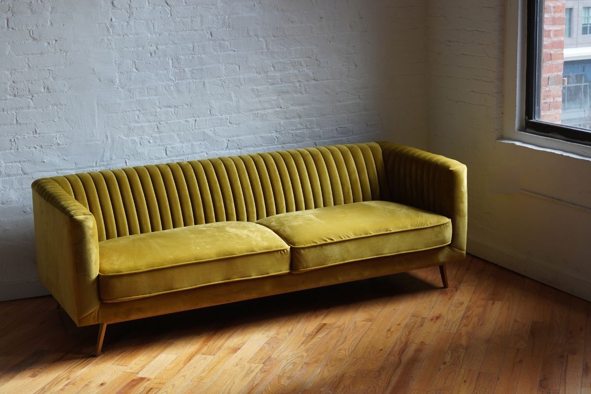 Mid-century modern sofa vintage marigold velvet