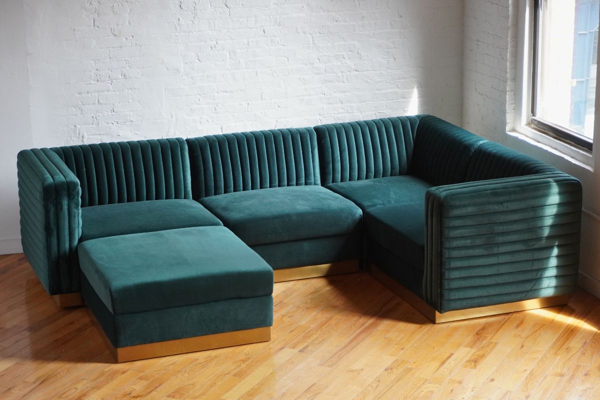 Green mid-century modern modular sectional five piece sofa top view