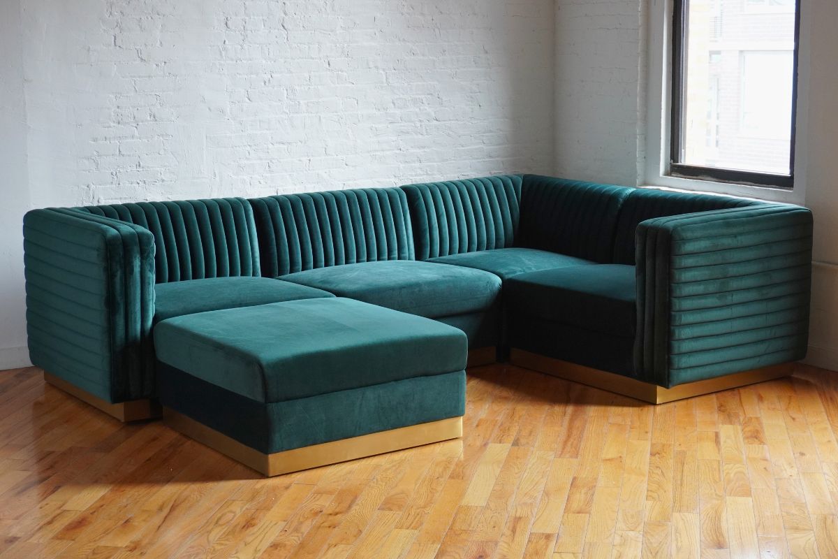 Green mid-century modern modular sectional five piece sofa side view