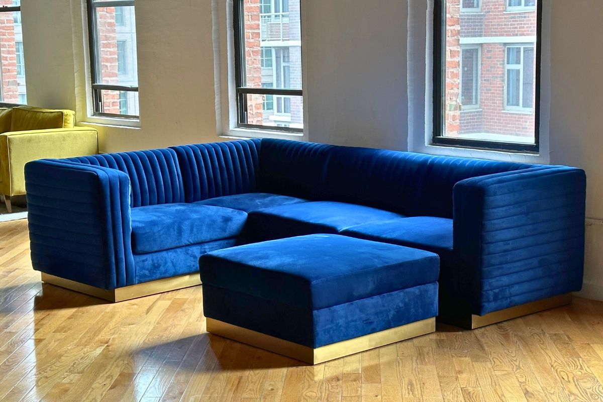 5 piece blue modern sectional with gold base