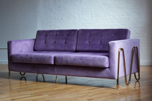 modern sofa purple velvet zig-zag legs invention brooklyn space