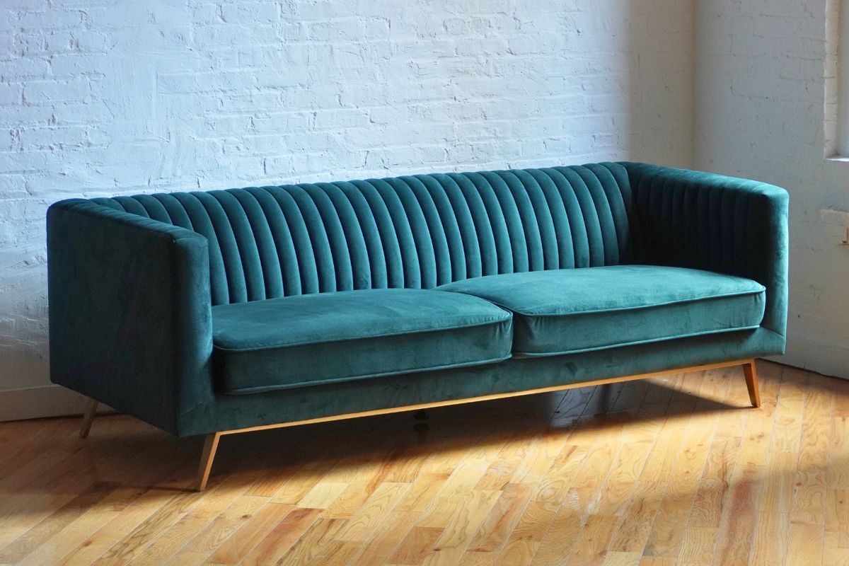 mid-century modern art deco inspired evergreen velvet 3-seat sofa