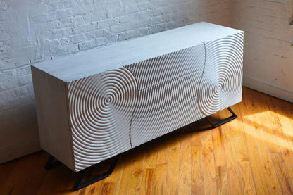 Ring sideboard credenza birch white pine with iron feet angled view