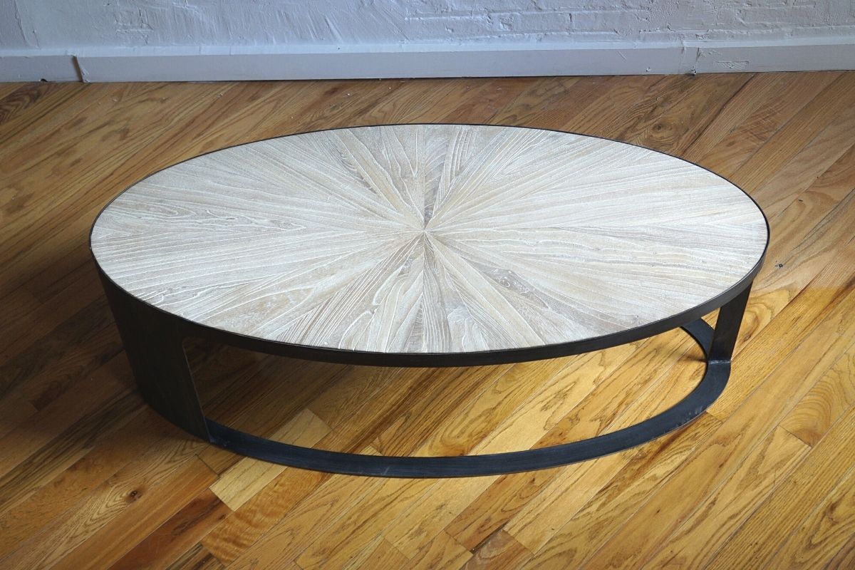 Eclipse elm and iron oval coffee table bird's eye view, product image