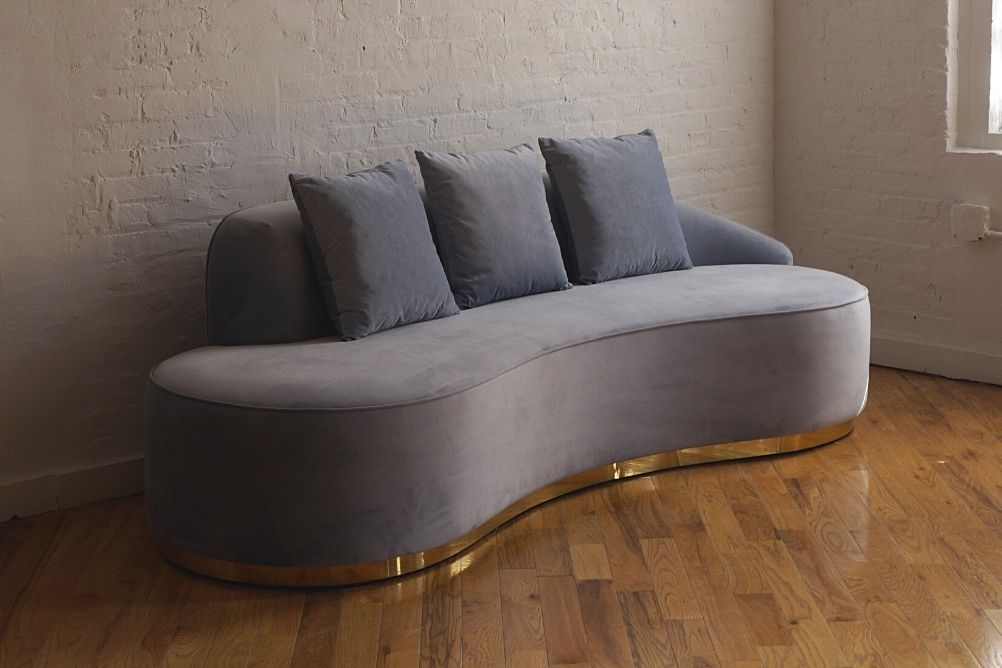 Infinity gray sofa with gold base angled view, gray velvet sofa with three pillows product image 