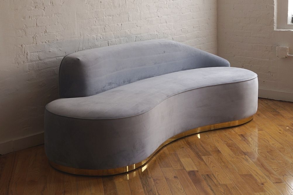 Infinity gray sofa with gold base angled view, gray velvet sofa with no pillows product image 