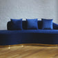 Infinity royal blue sofa with gold base forward view, blue velvet sofa with three pillows product image 