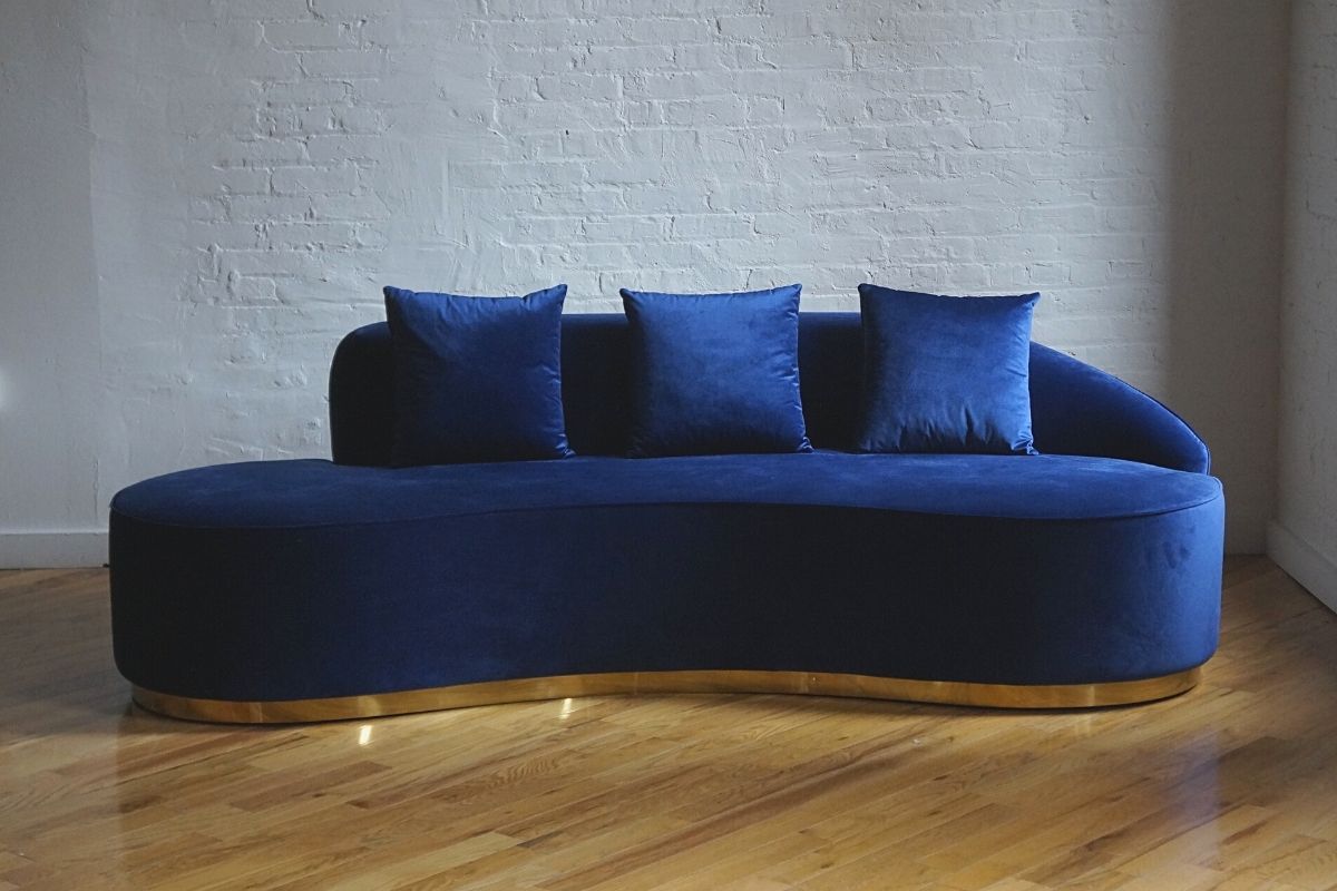 Infinity royal blue sofa with gold base forward view, blue velvet sofa with three pillows product image 