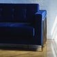 Invention blue couch, blue velvet couch, royal blue couch, gold velvet, biscuit tufted couch, modern couch, mid-century modern couch, gold legs, blue and gold couch