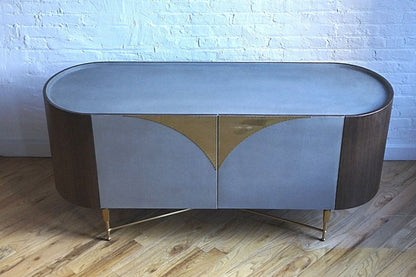 Metropolis sideboard overhead view, oak veneer and steel with gold feet product image