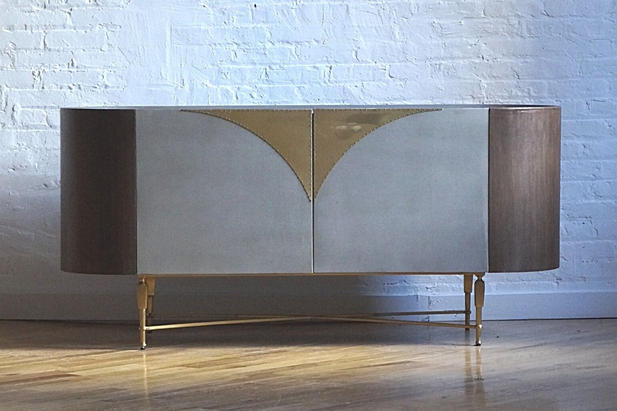 Metropolis sideboard front view, oak veneer and steel with gold feet product image