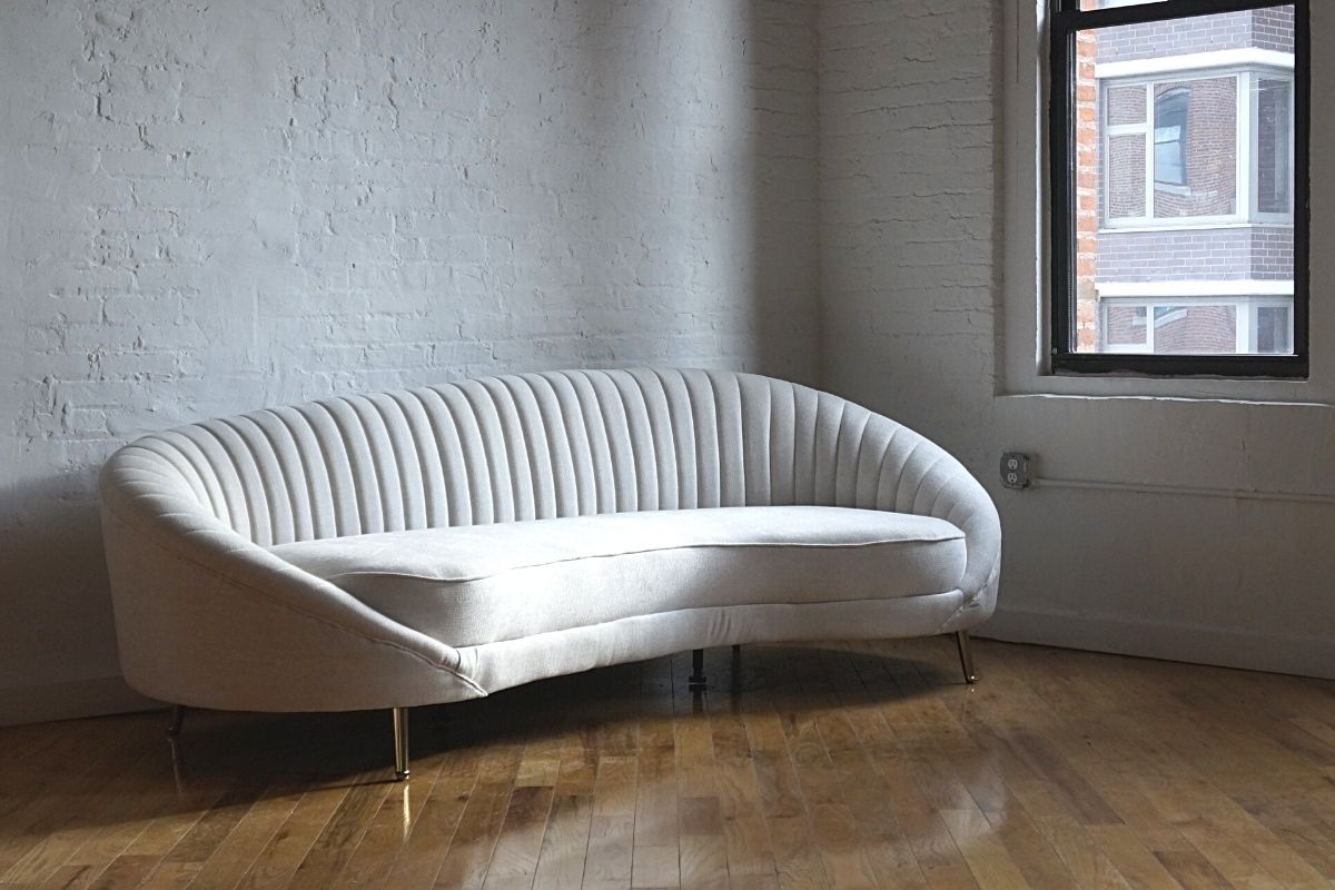 Monroe white couch with metal legs angled view, fabric couch, modern couch, mid-century modern couch, curved couch product image