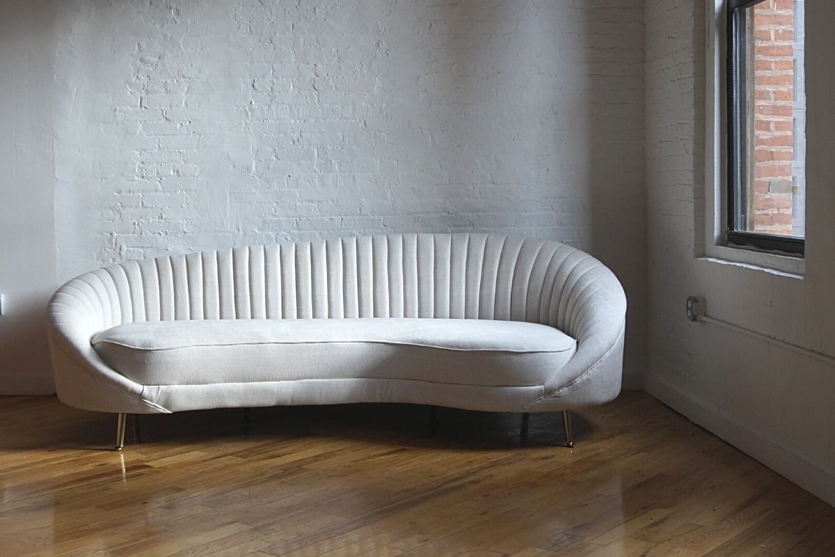 Monroe white couch with gold metal legs front view, fabric couch, modern couch, mid-century modern couch, curved couch