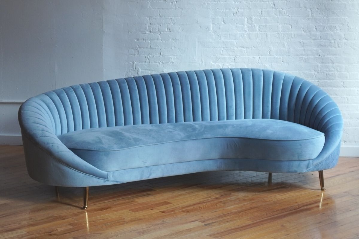 Monroe light blue velvet couch with gold feet angled view, modern couch, mid-century modern couch, curved couch product image