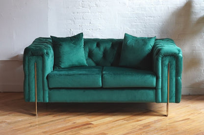 Song emerald green velvet loveseat with gold legs front view, green velvet setee, tufted sweetheart couch, modern loveseat, chesterfield couch, mid-century modern couch product image