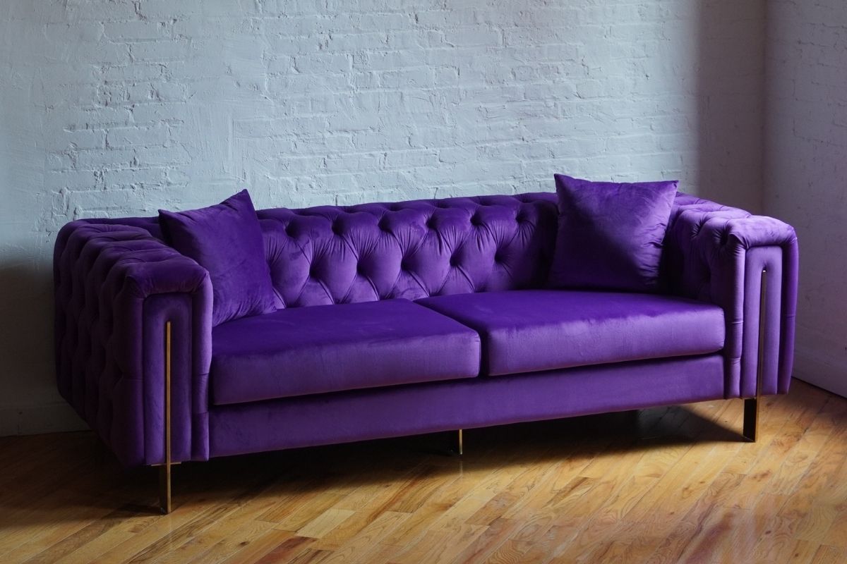 Song royal purple velvet couch angled front view, tufted couch, modern couch, chesterfield couch, mid-century modern couch product image