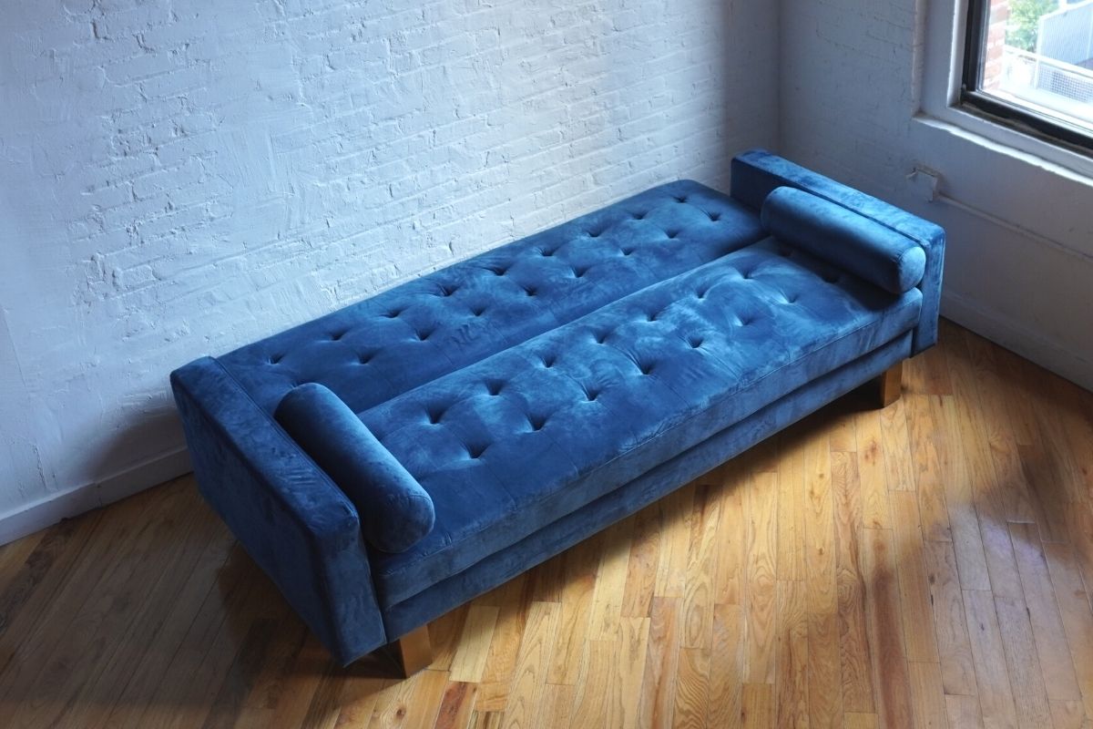 modern futon folding sofa in teal velvet
