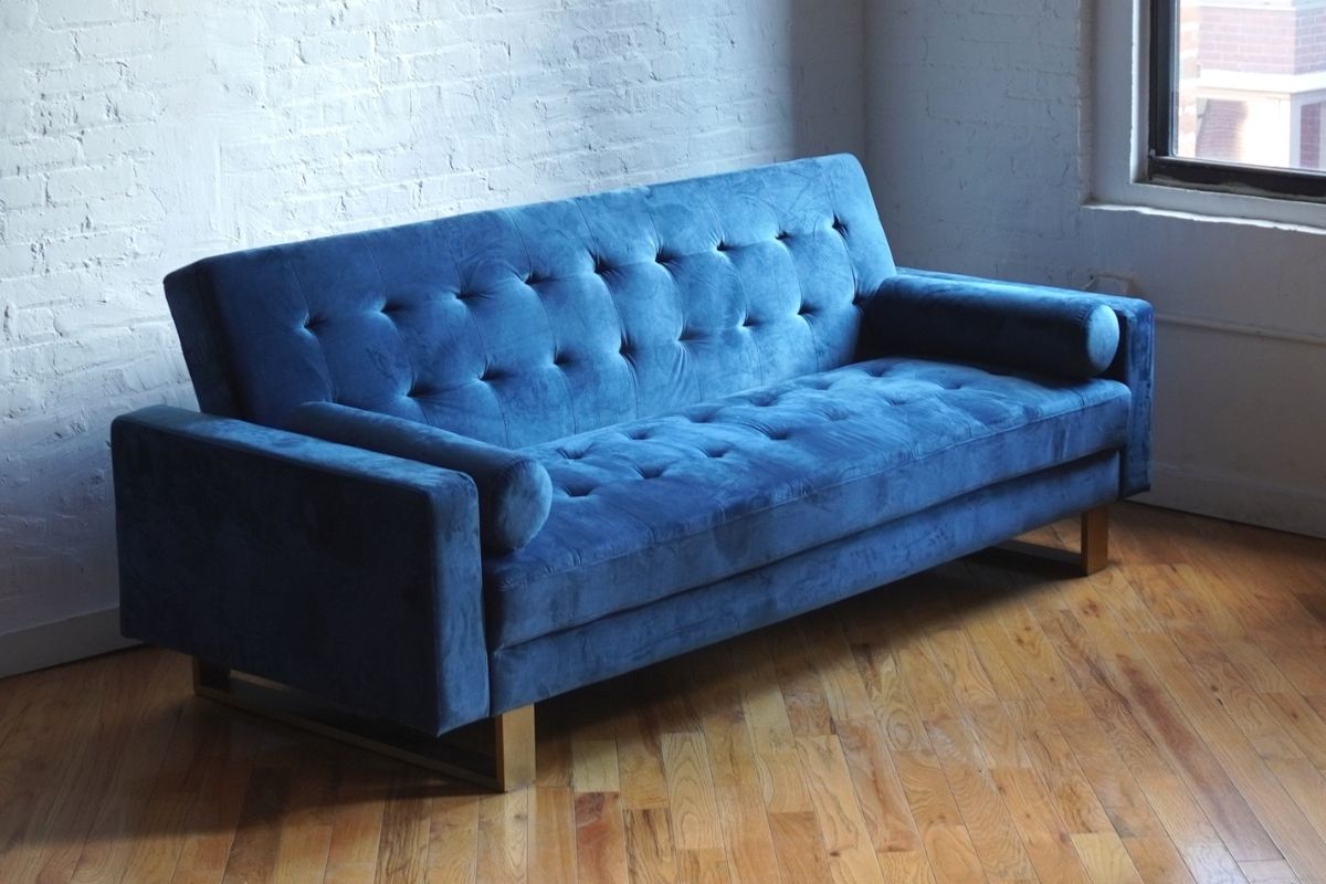 modern futon folding sofa in dark blue velvet