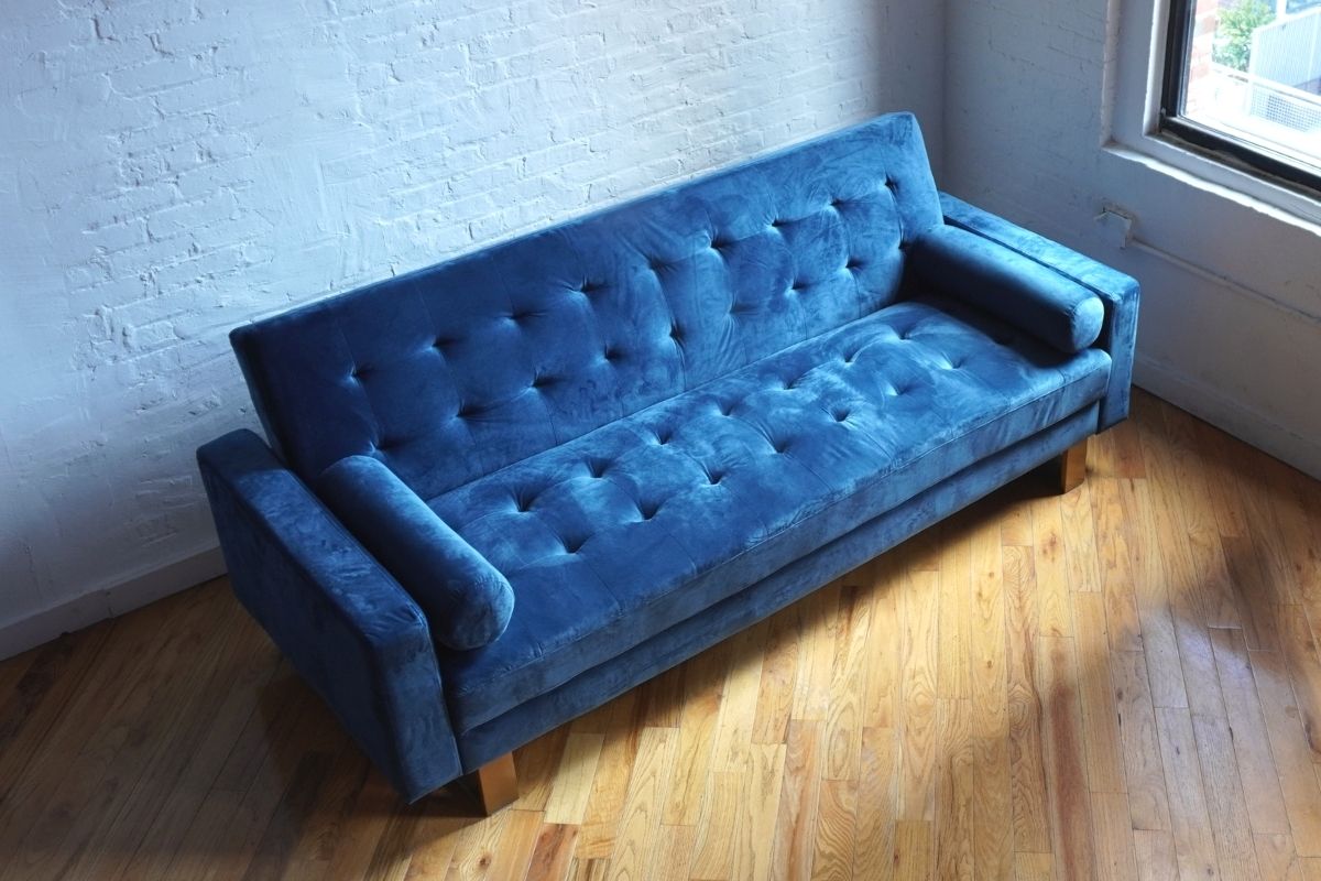 modern futon folding sofa in navy blue velvet
